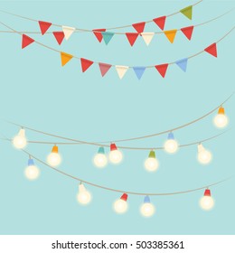 Garland lights and flags on holiday. Blue background. Vector illustration.