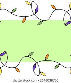 Luces de guirnalda Plantilla de borde sin costuras. Ilustración de tinta de línea gráfica de Vector. Anuncio, cartel, papel de embalaje, etiqueta engomada, impresión, diseño textil moderno. Para el logotipo, Web, paquete, etiqueta engomada.