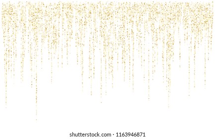 Garland Lights Gold Glitter Hanging Vertical Lines Vector Holiday Background. Confetti Dots Rain, Vip Gold Garlands Glitter With Light Effect. Circle Confetti Falling In Lines, Party Tinsels Shimmer.