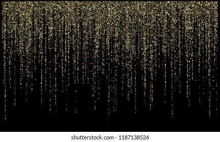 Garland lights gold glitter hanging vertical lines vector holiday background. Confetti dots rain, vip gold garlands glitter with light effect. Circle confetti falling, christmas tinsels shimmer.