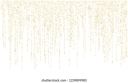 Garland lights gold glitter hanging vertical lines vector holiday background. Confetti dots rain, vip gold garlands glitter with light effect. Circle confetti falling, christmas tinsels shimmer.
