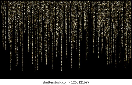 Garland lights gold glitter hanging vertical lines vector holiday background. Confetti dots rain, vip gold garlands glitter with light effect. Circle confetti falling, party tinsels sparkles shimmer.