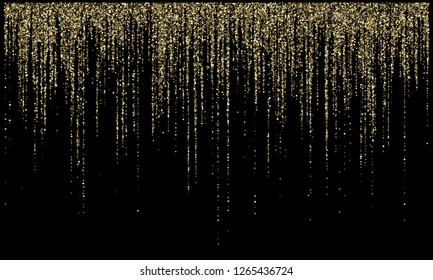 Garland lights gold glitter hanging vertical lines vector holiday background. Confetti dots rain, premium gold garlands glitter light effect. Circle confetti falling, christmas tinsels shimmer.