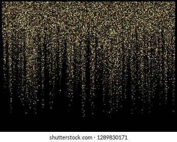 Garland lights gold glitter hanging vertical lines vector holiday background. Confetti dots rain, vip gold garlands glitter with light effect. Circle confetti falling, glowing sparkles shimmer.