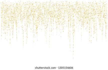 Garland lights gold glitter hanging vertical lines vector holiday background. Confetti dots rain, premium gold garlands glitter light effect. Circle confetti falling, christmas tinsels shimmer.