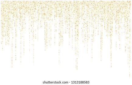 Garland lights gold glitter hanging vertical lines vector holiday background. Confetti dots rain, premium gold garlands glitter light effect. Circle confetti falling, stylish sparkles shimmer.