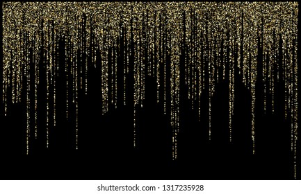 Garland lights gold glitter hanging vertical lines vector holiday background. Confetti dots rain, premium gold garlands glitter light effect. Circle confetti falling, party tinsels sparkles shimmer.