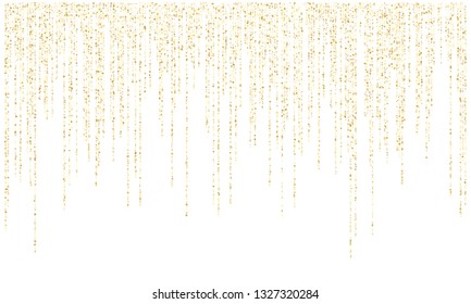 Garland Lights Gold Glitter Hanging Vertical Lines Vector Holiday Background. Confetti Dots Rain, Premium Gold Garlands Glitter Light Effect. Circle Confetti Falling, Glowing Tinsels Shimmer.
