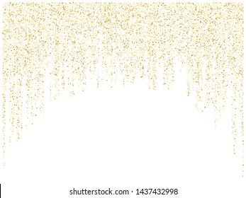 Garland lights gold glitter hanging vertical lines vector holiday background. Confetti dots rain, vip gold garlands glitter with light effect. Circle confetti falling, glowing sparkles shimmer.