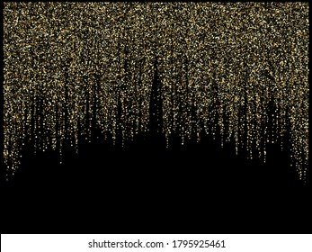 Garland lights gold glitter hanging vertical lines vector holiday background. Confetti dots rain, rich gold garlands glitter with light effect. Circle confetti falling, christmas sparkles shimmer.