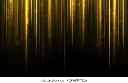Garland lights gold glitter hanging vertical lines vector holiday backgroun. Golden rain. Gold dust falls down, flying confetti circle vertical lines. Golden garlands glitter with light effect. 