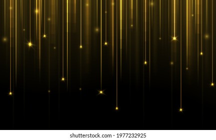 Garland lights gold glitter hanging vertical lines vector holiday backgroun. Golden rain. Gold dust falls down, flying confetti circle vertical lines. Golden garlands glitter with light effect. 