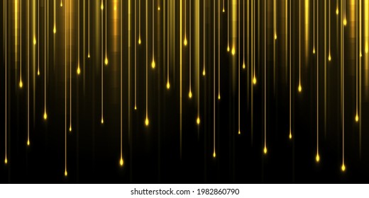 Garland lights gold glitter hanging vertical lines vector holiday backgroun. Golden rain. Gold dust falls down, flying confetti circle vertical lines. Golden garlands glitter with light effect. 