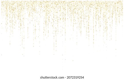 Garland lights gold glitter hanging vertical lines vector holiday background. Confetti dots rain, premium gold garlands glitter light effect. Round confetti sparkles falling, party tinsels.