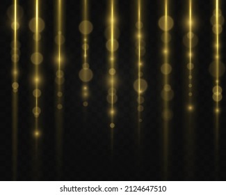 Garland lights gold glitter hanging vertical lines vector holiday background. Confetti garland pattern. Christmas decoration, falling shiny particles, light effect. Golden rain. Yellow dust falls down