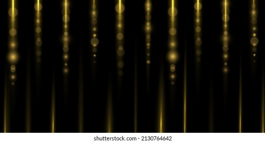 Garland lights gold glitter hanging vertical lines vector holiday background. Confetti garland pattern. Christmas decoration, falling shiny particles, light effect. Golden rain. Yellow dust falls down
