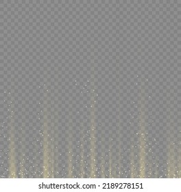 Garland lights gold glitter hanging vertical lines holiday background. Golden rain and dust falls down. Shiny gold sparkle tinsels celebration design. Golden garlands glitter with light effect. Vector