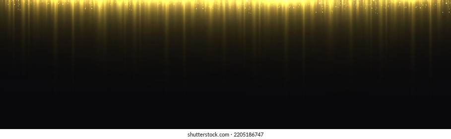 Garland lights gold glitter hanging vertical lines holiday background. Golden rain and dust falls down. Shiny gold sparkle tinsels celebration design. Golden garlands glitter with light effect. Vector