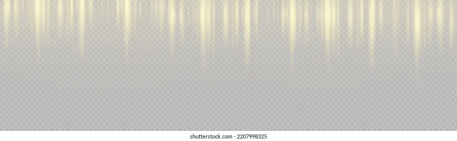 Garland lights gold glitter hanging vertical lines holiday background. Golden rain and dust falls down. Shiny gold sparkle tinsels celebration design. Golden garlands glitter with light effect. Vector