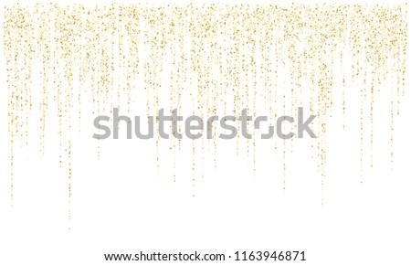 Garland lights gold glitter hanging vertical lines vector holiday background. Confetti dots rain, vip gold garlands glitter with light effect. Circle confetti falling in lines, party tinsels shimmer.