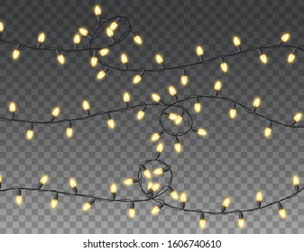 Garland lights isolated realistic design elements. Glowing lights for christmas holiday greeting card design