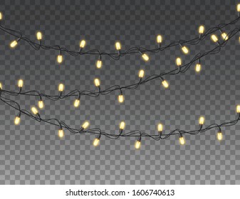 Garland lights isolated realistic design elements. Glowing lights for christmas holiday greeting card design