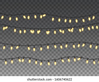 Garland lights isolated realistic design elements. Glowing lights for christmas holiday greeting card design