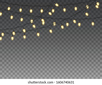 Garland lights isolated realistic design elements. Glowing lights for christmas holiday greeting card design
