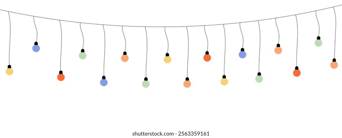 Garland lights on a string. Colorful light bulbs isolated on white background. Christmas, New Year, birthday, wedding or any other celebration decor element.