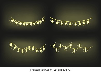 Girlanden beleuchten Vektorgrafik handgezeichnete Kritzeleien. Weihnachtsmusiken Set von Beleuchtungen, Weihnachtsdekorationen Design isoliert auf schwarzem Farbverlauf Hintergrund. Elemente für die Dekoration des Neuen Jahres.