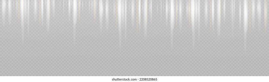 Garland lights white glitter hanging vertical lines holiday background. Dust rain falls down. Shiny sparkle tinsels celebration design. Silver garlands glitter with light effect. Vector illustration.