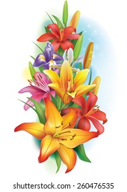 Garland of lilies and irises flowers