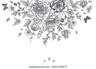 Garland of luxurious blooming flowers. Peonies, roses, branches, leaves and butterflies. Vintage botanical vector illustration. Wedding floral decoration. Vintage