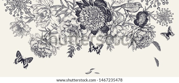 華麗な牡丹の花 花 蝶 鳥 背景色はクラフト紙と黒彫り ビンテージの植物イラスト 結婚式の花柄 骨董彫刻 のベクター画像素材 ロイヤリティフリー