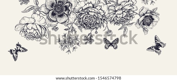 華麗な牡丹の花 花 蝶 鳥 背景色はクラフト紙と黒彫り ビンテージの植物イラスト 結婚式の花柄 骨董彫刻 のベクター画像素材 ロイヤリティフリー