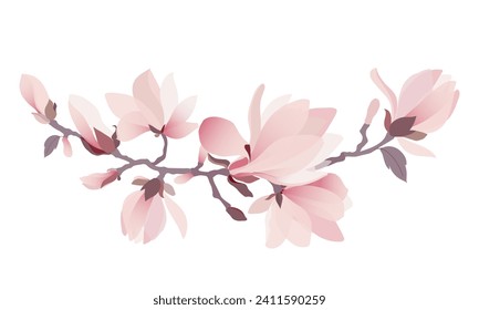 Garland of magnolia flowers. Beautiful pink blossom of magnolia tree. Hand drawn flat illustration on white background. Vector