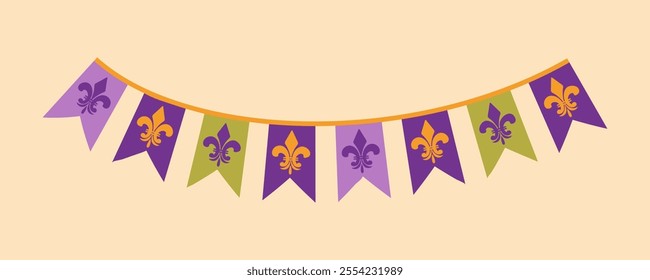 Garland for the Mardi Gras carnival from flags with a fleur-de-lis, a symbol of tradition. These graphics are ideal for design projects, showcasing intricate detail and a classic style ideal for a