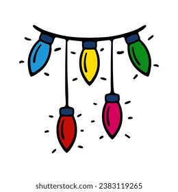 Garland with multi colored light bulbs. decoration, decorate, christmas, new year, eve, december 25, winter, holiday atmosphere, celebrate, family celebration, traditions. Colorful icon