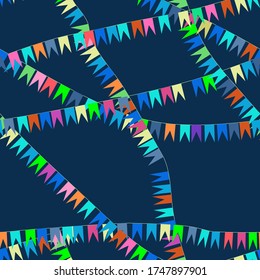 Garland with multi-colored flags in the blue sky vector seamless pattern for decoration, packaging, textile