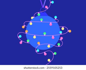 Garland of multi-colored light bulbs wrapping around a hanging Christmas tree ball. Hanging Christmas tree decorations. Festive design for invitations, banners and posters. Vector illustration