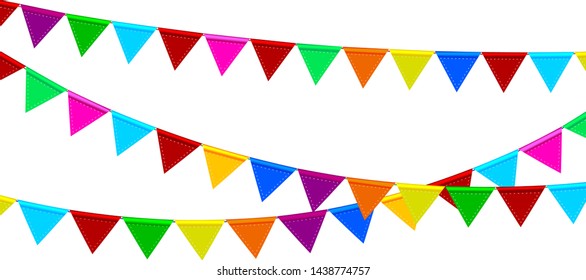 Garland of multicolored small flags for decoration. Colored checkboxes on white isolated. Background of colored flags.