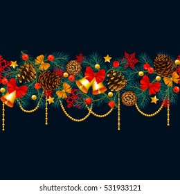 Garland. New Year's background. Snowflakes. Winter Holidays Decoration. Vector set. background. Holiday Greeting background. Seamless. Bow. Spruce branches. Ribbon. Rowan. Bell.