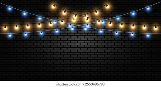 Garland for New Year's decoration. Brick wall with a lamp or garland. Vector illustration.