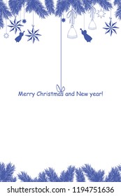 garland of New Year's festive symbols, hand bell, star, angel, among fir-tree branches, a beautiful background for the invitation, a banner, the card for congratulations happy New Year and Christmas