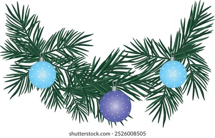 A garland on a Christmas tree, highlighted on a white background. Realistic pine branches with Christmas balls. Vector frame for holiday banners, party posters, postcards, headlines.