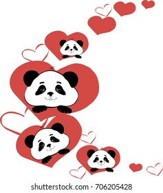Garland of pandas with red hearts with different emotions on a white background
