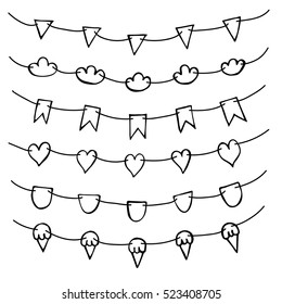 Garland for party. Vector outline set of flags, clouds, hearts, ice creams.