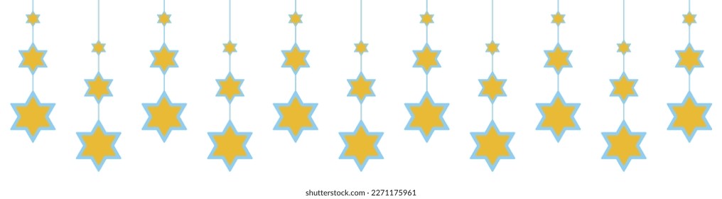 Garland for Passover or Hanukkah. Jewish golden stars of David with blue contour. Can be used for cards, borders, invitations. Isolated vector illustration clipart on white background.