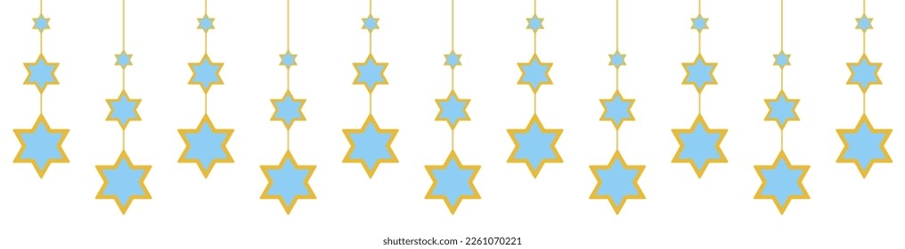 Garland for Passover, Pesach, Hanukkah. Jewish blue and gold stars of David. Can be used for card, invitation, border. Isolated vector and PNG illustration clipart on transparent background.