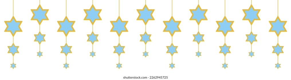 Garland for Passover, Pesach, Hanukkah and other holidays. Blue and gold stars of David. Can be used for cards, borders. Isolated vector illustration clipart on white background.